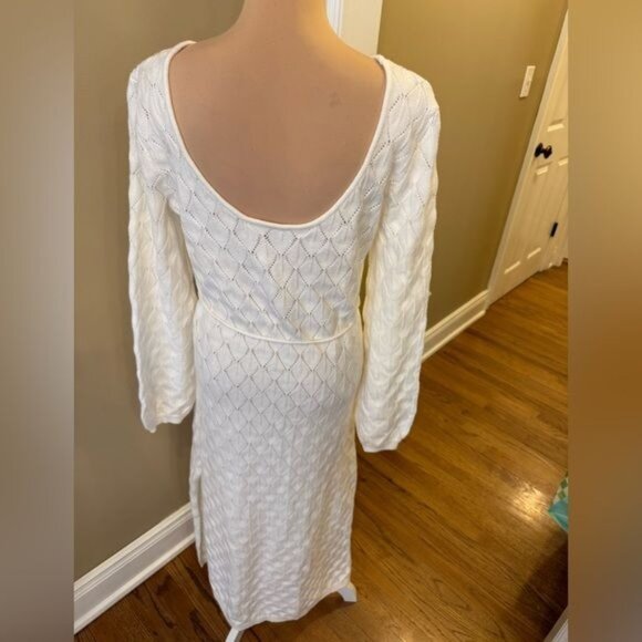 Scoop Back Open Knit Dress Size XL Ivory Maxi Balloon Sleeves Belt Bridal - Picture 3 of 13